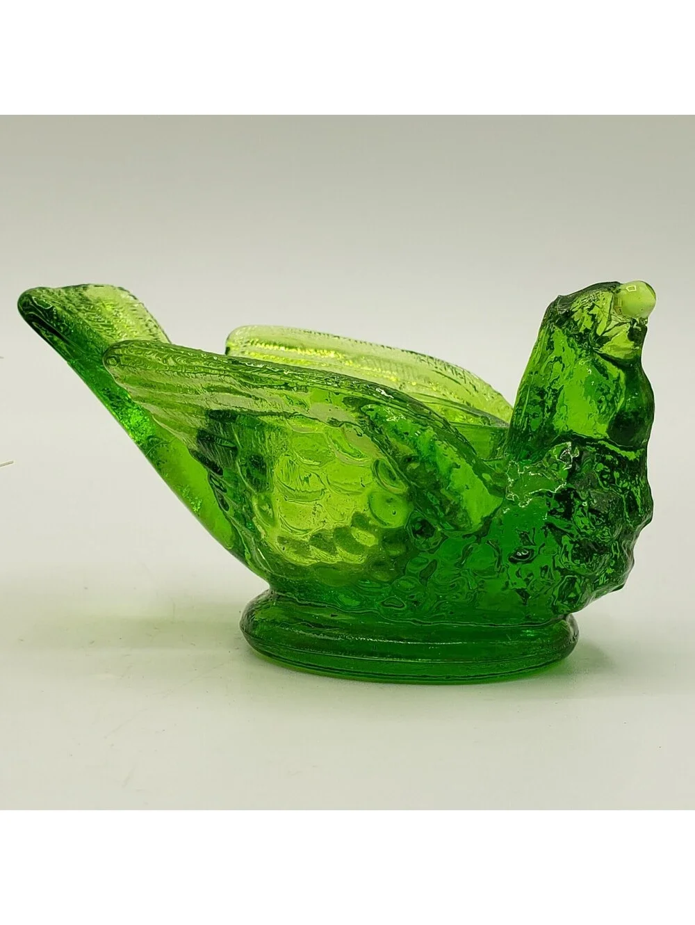 Vintge Kanawha Glass Salt Cellar Glows Green Bird with Berry in Mouth